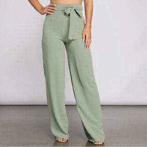 Windsor High Waist Tie Waist Linen Pants in Sage NWT